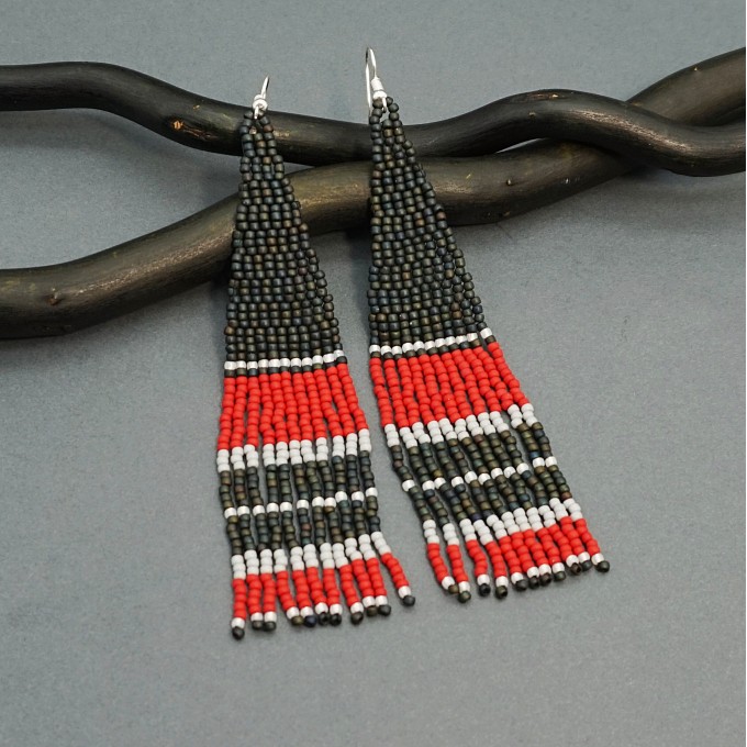 Long Red and Black Boho Dangle Beaded Earrings