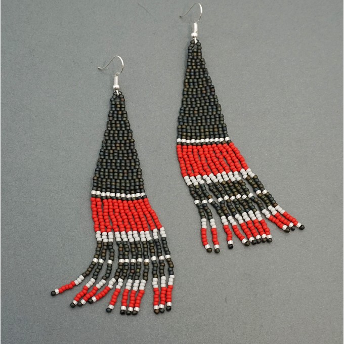 Long Red and Black Boho Dangle Beaded Earrings