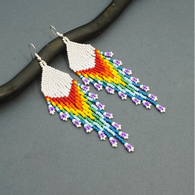 Shoulder Duster Bohemian Earrings in Rainbow Colors with White Top