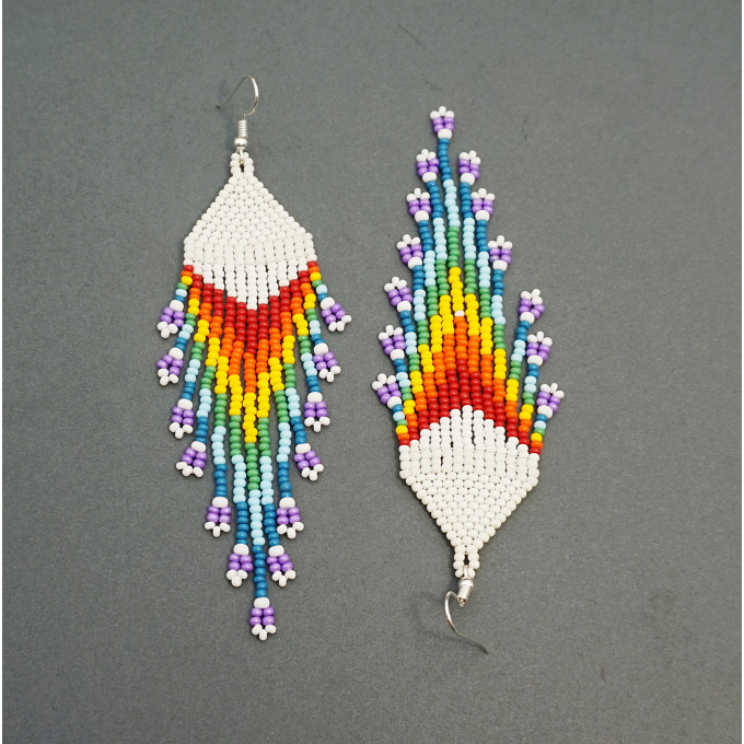 Shoulder Duster Bohemian Earrings in Rainbow Colors with White Top