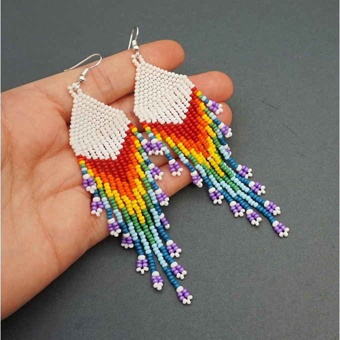 Shoulder Duster Bohemian Earrings in Rainbow Colors with White Top