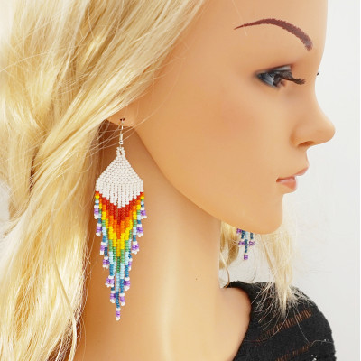 Shoulder Duster Bohemian Earrings in Rainbow Colors with White Top