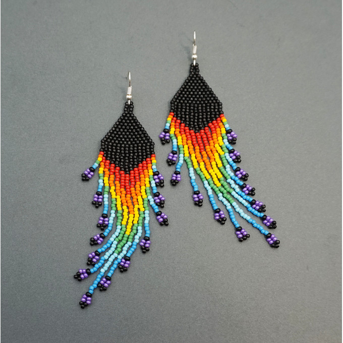 Shoulder Duster Bohemian Earrings in Rainbow Colors with Black Top
