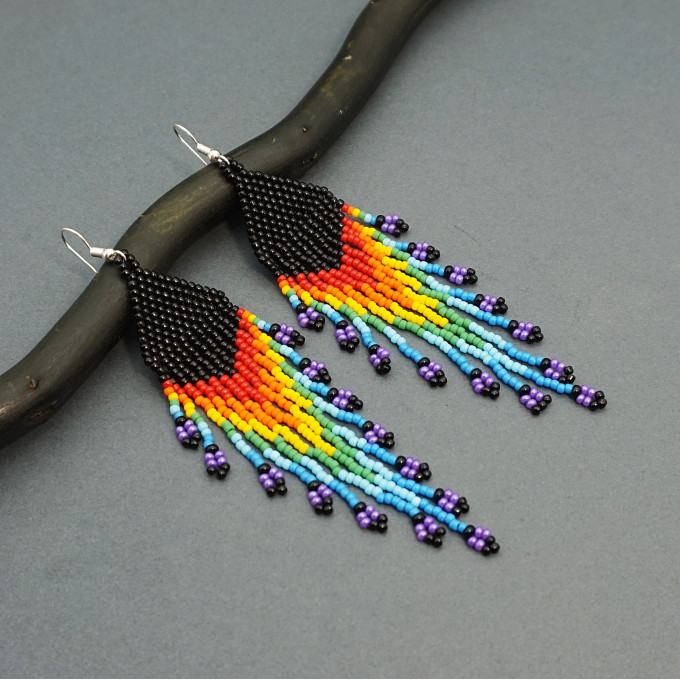 Shoulder Duster Bohemian Earrings in Rainbow Colors with Black Top