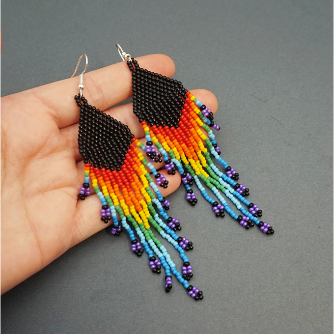Shoulder Duster Bohemian Earrings in Rainbow Colors with Black Top