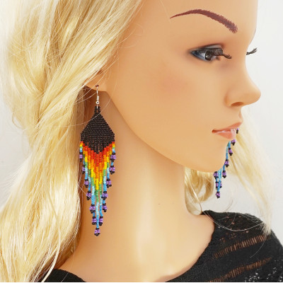 Shoulder Duster Bohemian Earrings in Rainbow Colors with Black Top