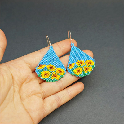 Small Seed Bead Earrings - Yellow Flowers on Blue